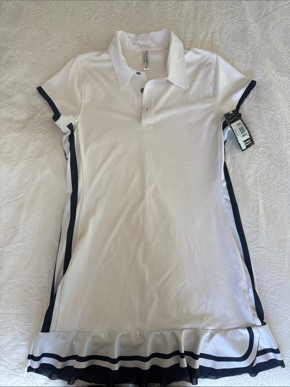 NEW InPhorm Luxury Tennis Dress - White Navy Ruffle Hem - Size Medium - NWT $120